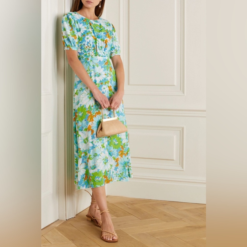 Faithfull the Brand Beline Smocked Floral-print Crepe Midi Dress NWT